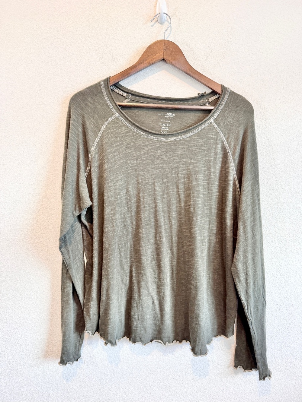Natural Life XXL Olive Green Slub Knit Lettuce Hem Top Coastal Grandma Boho K51